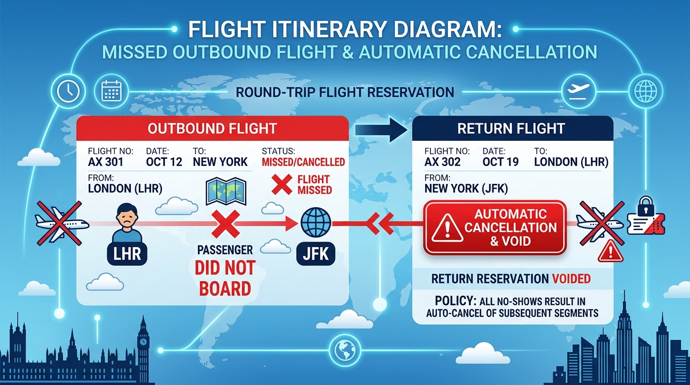 Visual flowchart showing how missing an outbound flight segment cancels the connected return flight