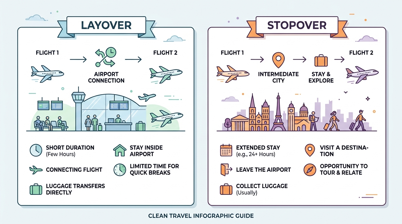 Diagram explaining the difference between a stopover and a layover
