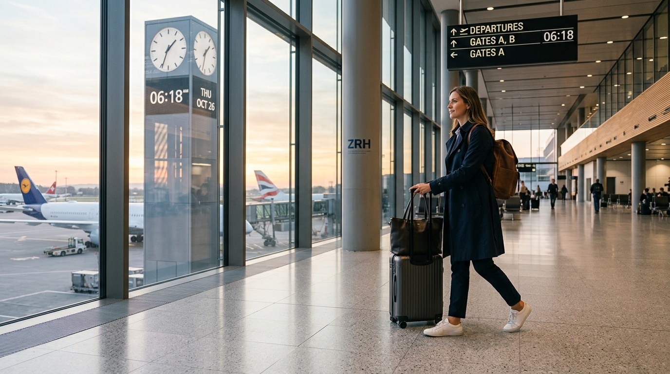 Traveler arriving early at an airport before an international flight