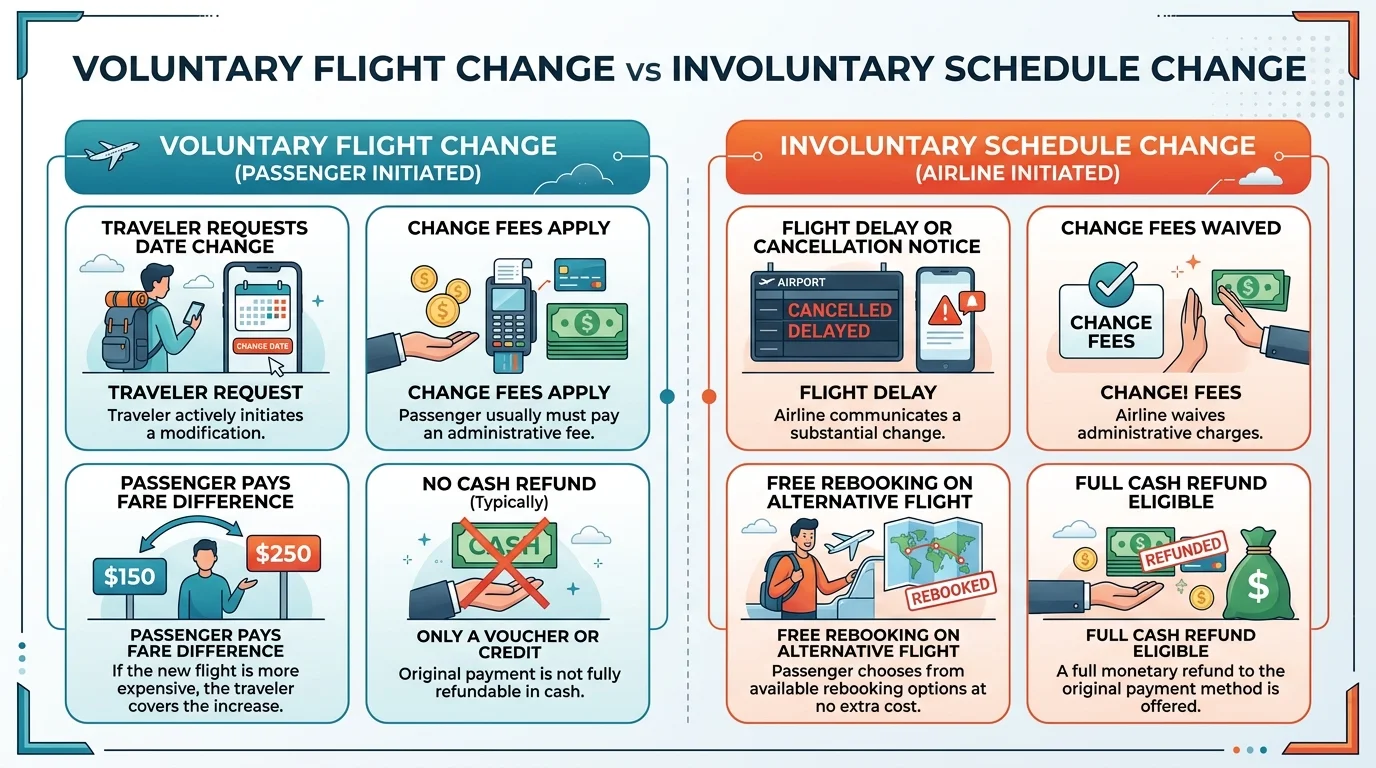 Comparison infographic distinguishing passenger flight changes from airline schedule changes