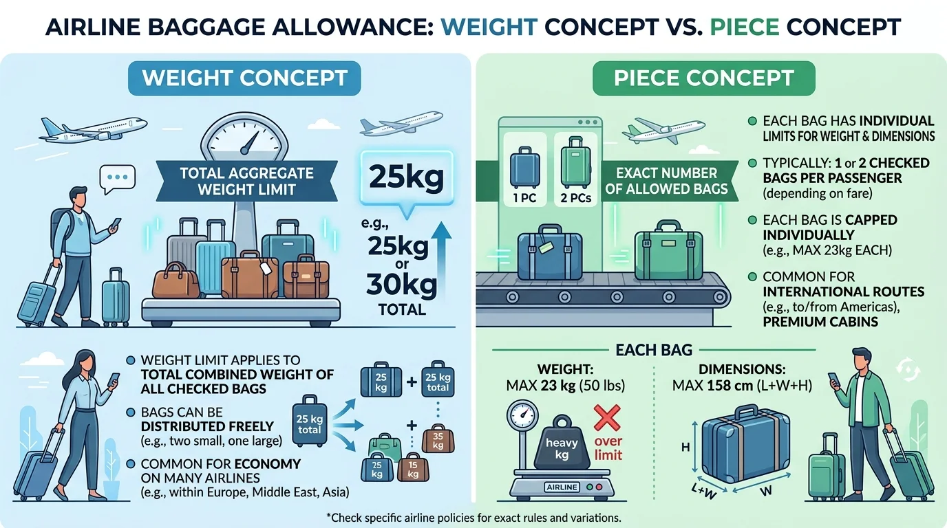Diagram contrasting the Weight Concept total kilograms with the Piece Concept per-bag limits