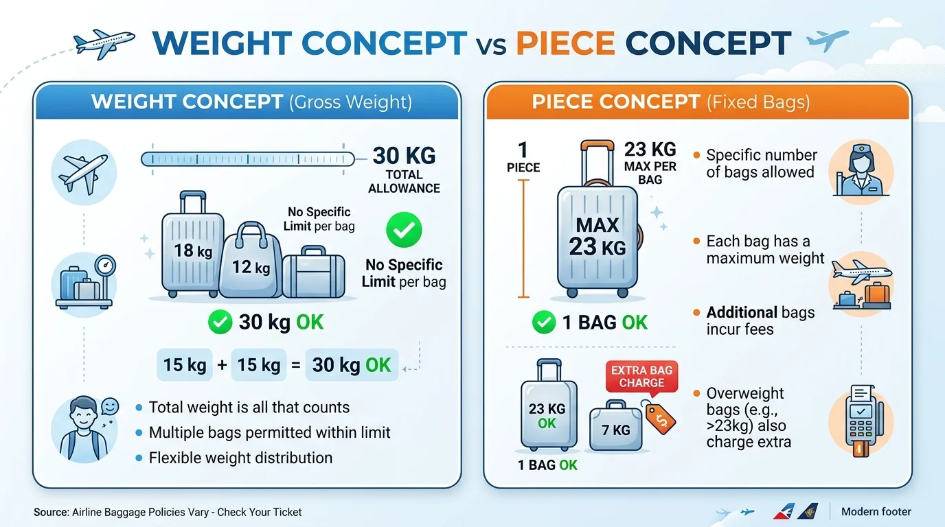 Comparison graphic contrasting the Weight Concept total kilograms against the Piece Concept individual bag limits