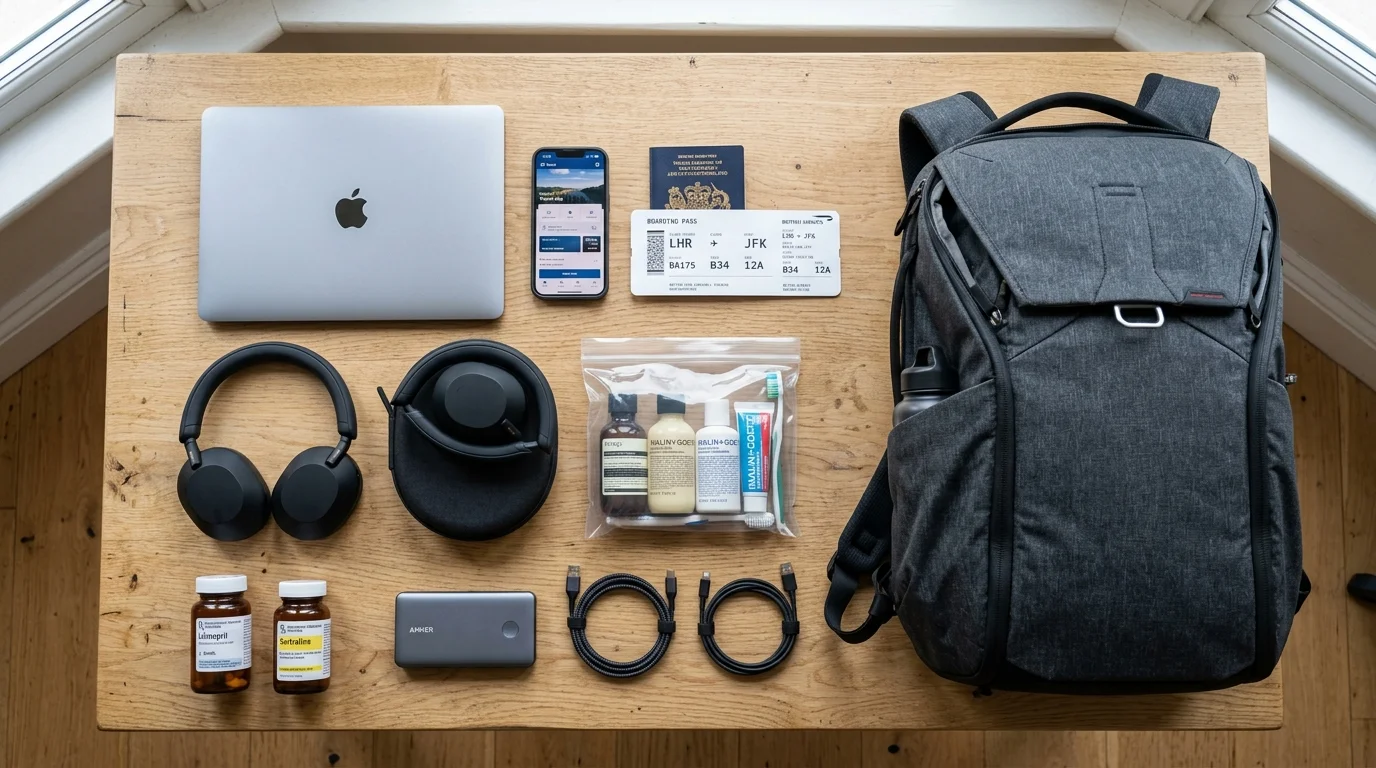 Flat lay photo of a passport, laptop, prescription medication, and a 100ml liquid bag next to a small backpack