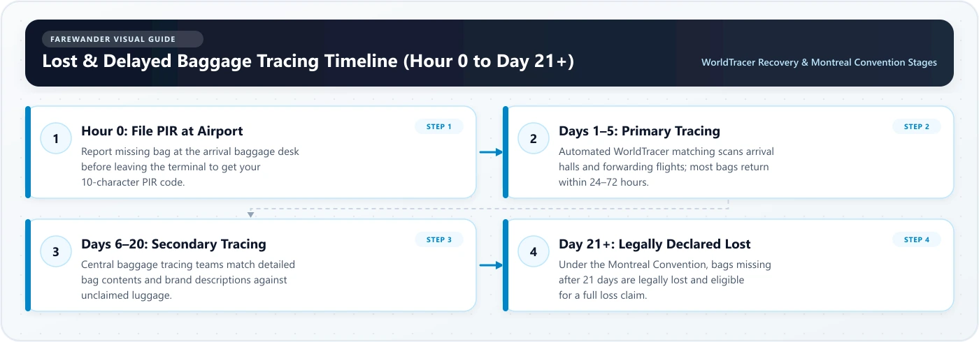 Lost & Delayed Baggage Tracing Timeline (Hour 0 to Day 21+)