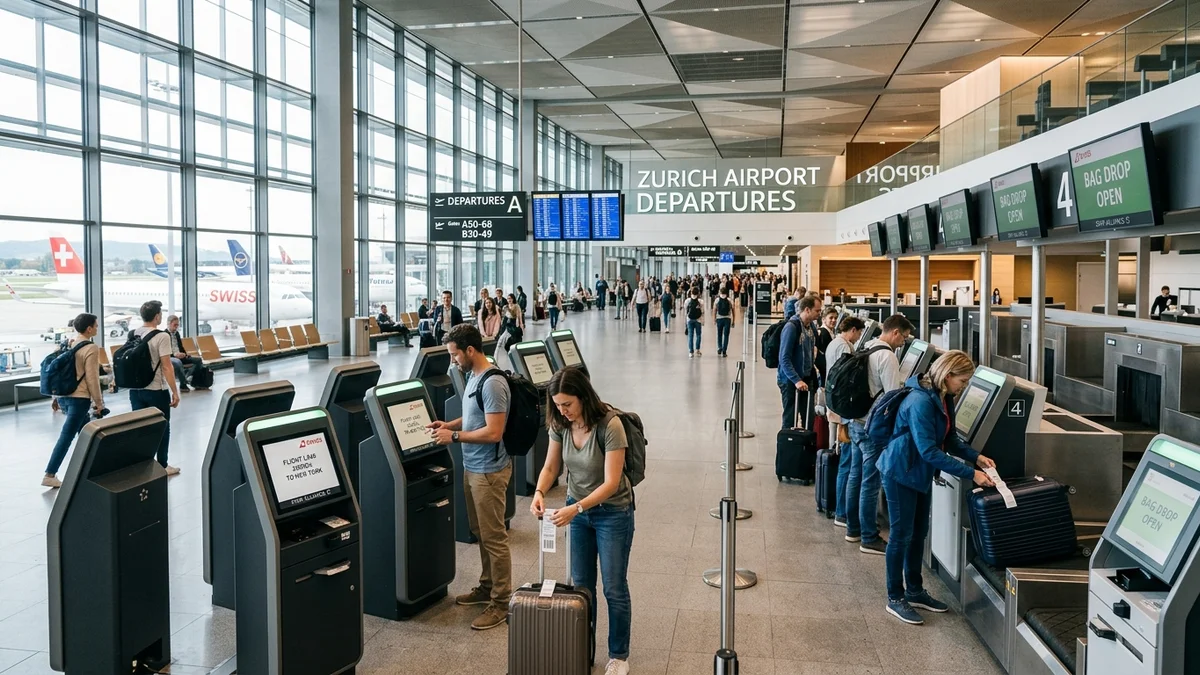 Self-service airport check-in kiosks and dedicated baggage drop area inside an international departures terminal